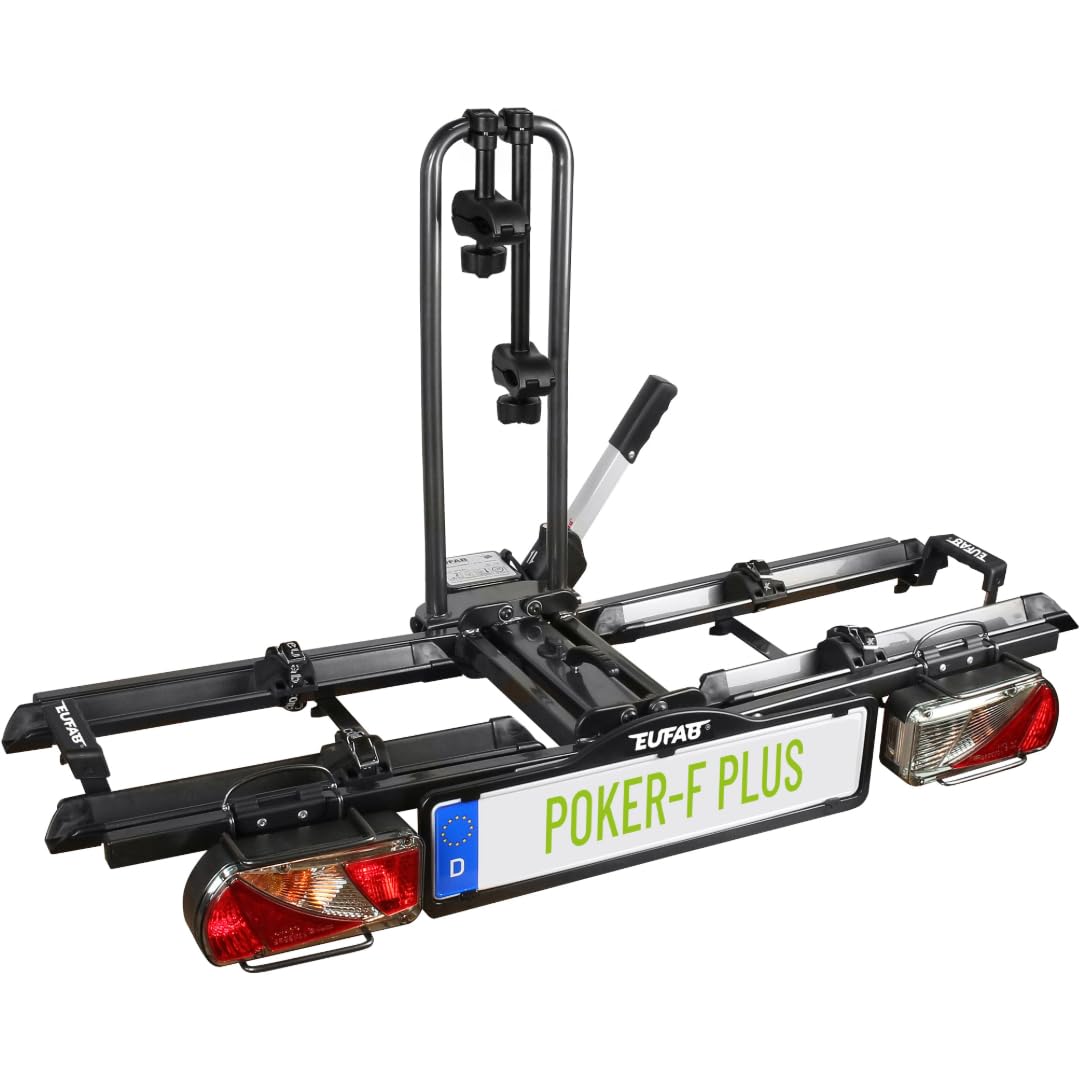 EUFAB 12010LAS Fahrradträger POKER-F, E-Bike geeignet, komplett vormontiert, Diebstahlschutz, für 2 Fahrräder, für Anhängerkupplung, Schwarz, 142 x 70 x 58 cm