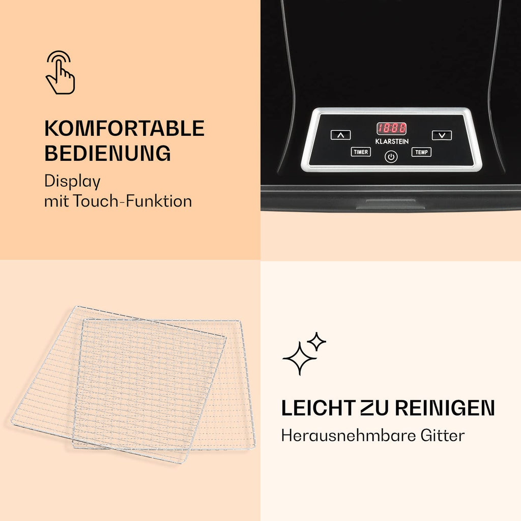 Klarstein Dörrautomat, Dörrgerät, Food Dehydrator, Dörrautomat aus Metall, Dehydrator Food Dryer, 9 Ablagen, 700 Watt, Touch-Display, Timer, Edelstahlheizelement, HotAir Circulation System, Schwarzo