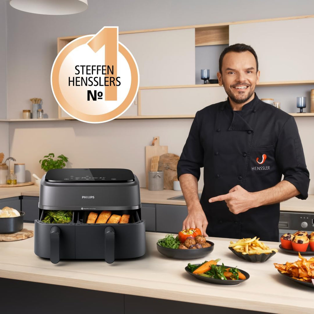 Philips Airfryer Dual Basket 3000 Series Hot Air Fryer, Black, 9 L | 2 baskets, RapidAir Plus technology, touch screen, 12 cooking functions, HomeID app (NA350/00)