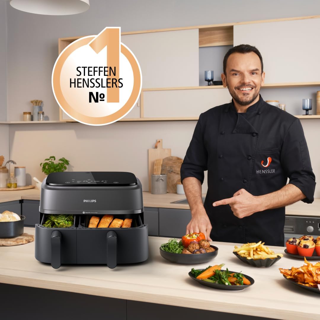 Philips Airfryer Dual Basket 3000 Series Hot Air Fryer, Black, 9 L | 2 baskets, RapidAir Plus technology, touch screen, 12 cooking functions, HomeID app (NA350/00)