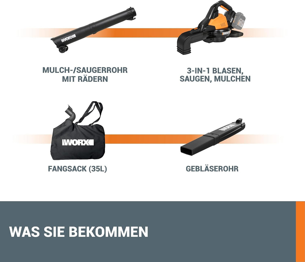 WORX WG583E.9 Akku-Laubbläser/Laubsauger 40V(2x20V), 575 m³/h Blasleistung
