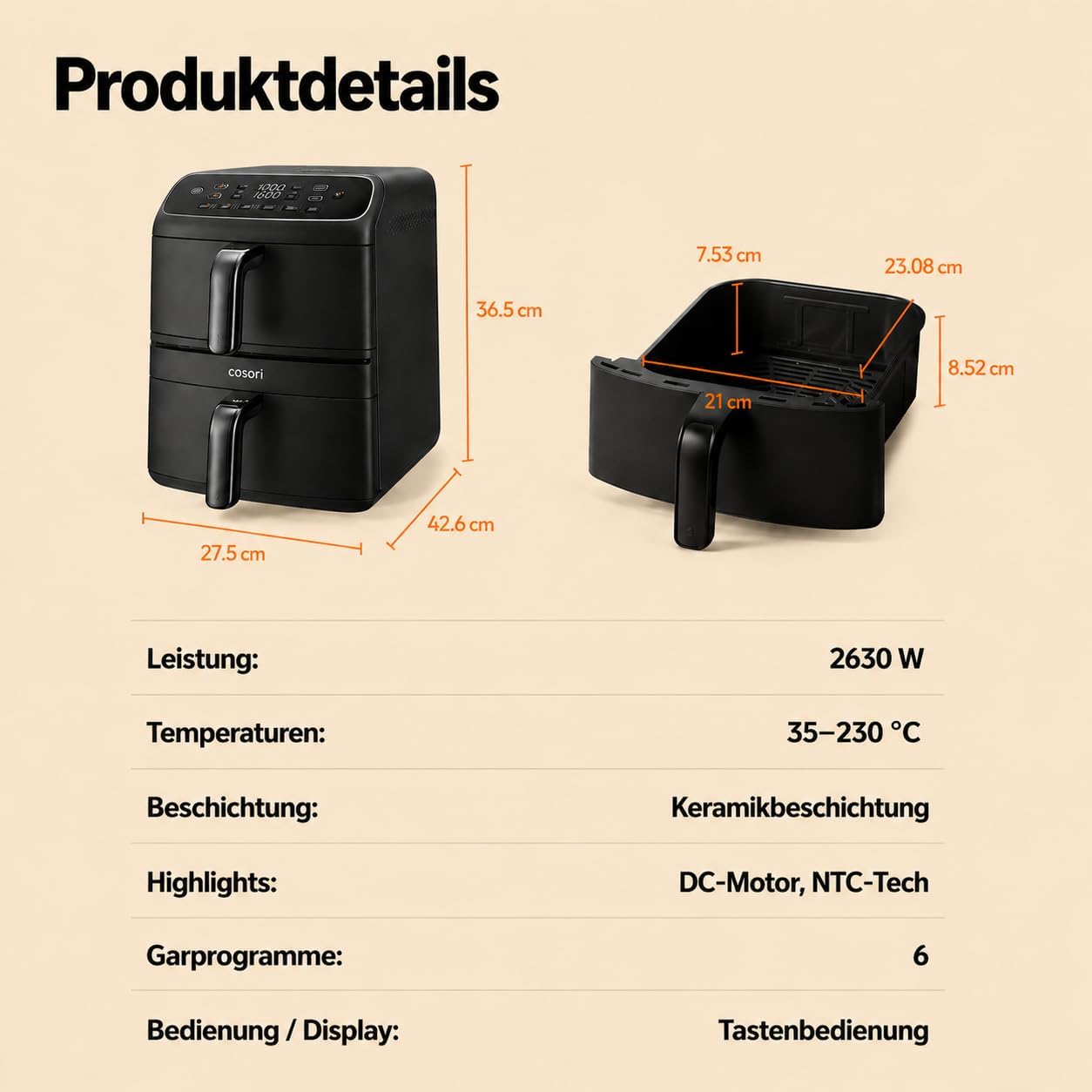 Cosori Airfryer New Generation 2026 Exclusive TurboBlaze Tech 8.6L | PFAS-free, NTC-Tech, XL heating ring, 39% narrower, 3 fan levels