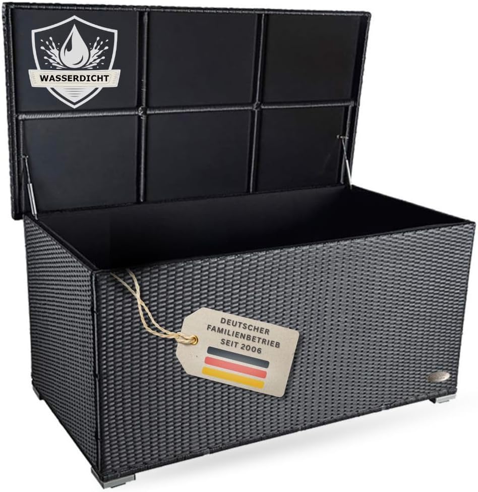 RS Trade Auflagenbox Wasserdicht XXL, 950l, Schwarz, Gartenbox, Aufbewahrungsbox Garten, Kissenbox Outdoor, Gartentruhe, Große Gartenkiste für Polster, Wetterfeste Garten-Aufbewahrung, Polyrattan