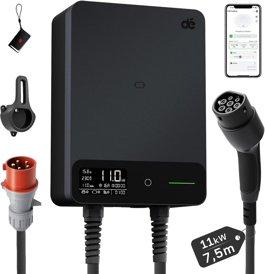 dé Wallbox 11kW mit APP RFID, 7,5m, §14a EnWG, EV Ladestation, Schwarz