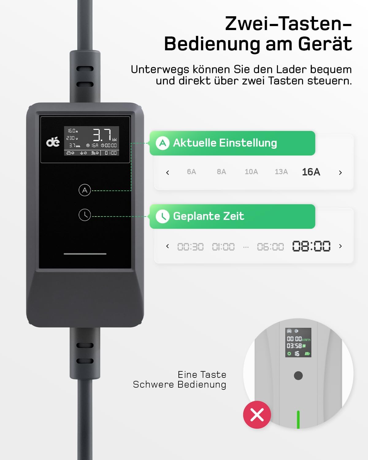 dé Typ 2 Ladekabel Schuko mit APP 3,7kW 7m, 6-16A einstellbar, schwarz
