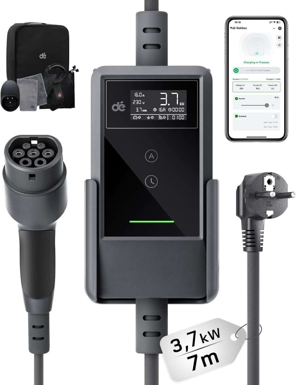 dé Typ 2 Ladekabel Schuko mit APP 3,7kW 7m, 6-16A einstellbar, schwarz
