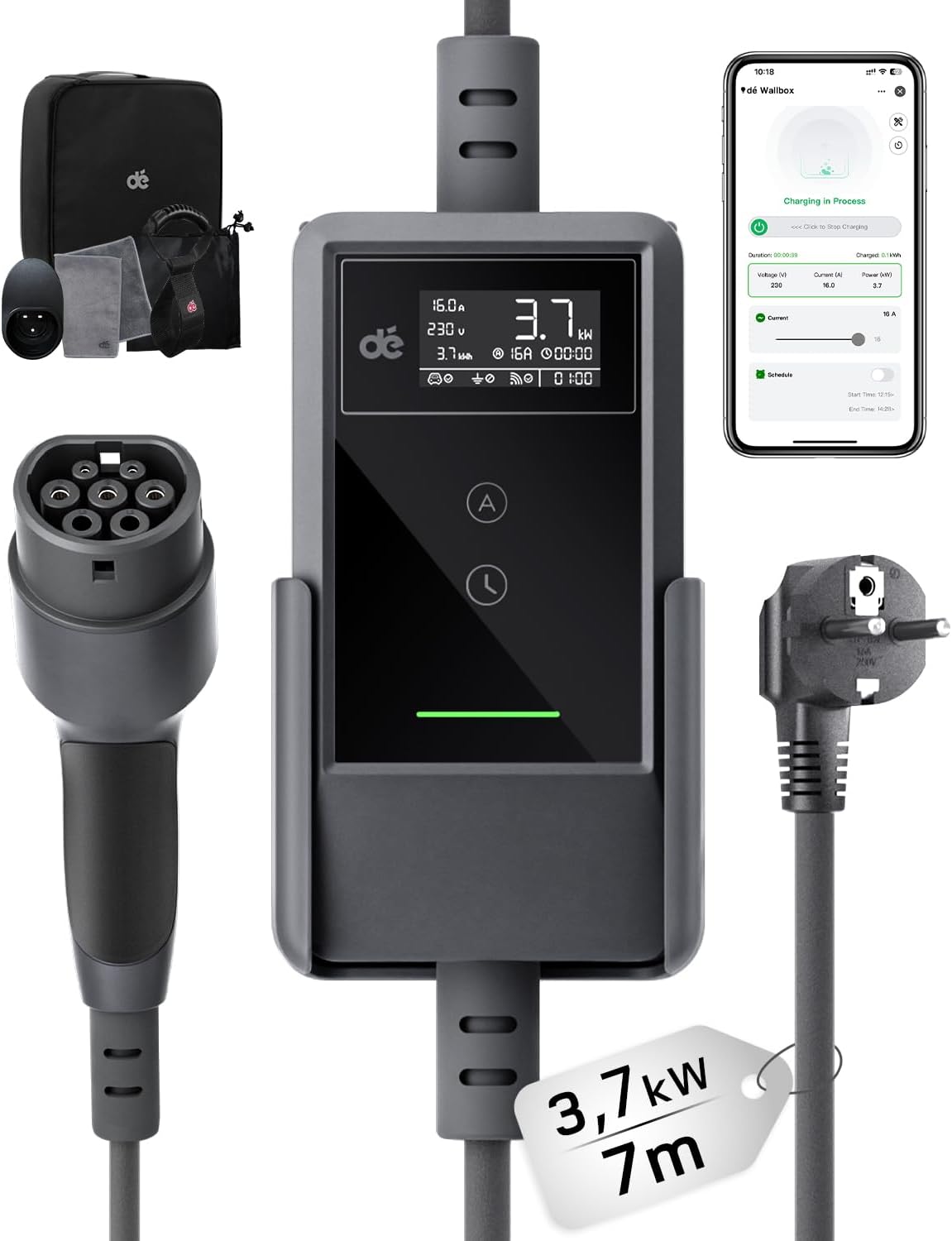 dé Typ 2 Ladekabel Schuko mit APP 3,7kW 7m, 6-16A einstellbar, schwarz