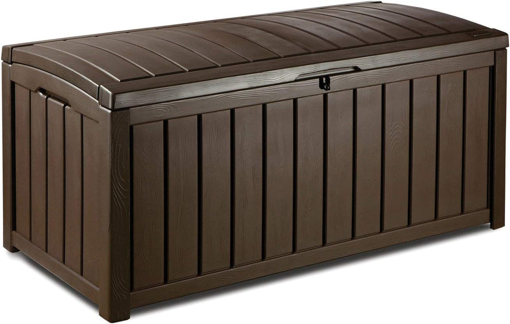 Keter Glenwood Kissenbox, Auflagenbox, 390 Liter Volumen, Wasserdicht, Braun, Holzoptik, Sitzbank für 2 Erwachsene,128x65x61cm, Allzwecktruhe