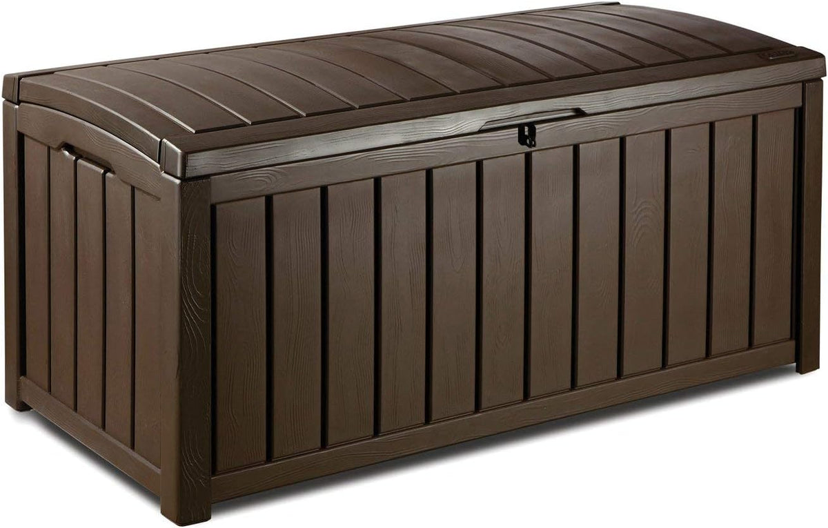 Keter Glenwood Kissenbox, Auflagenbox, 390 Liter Volumen, Wasserdicht, Braun, Holzoptik, Sitzbank für 2 Erwachsene,128x65x61cm, Allzwecktruhe