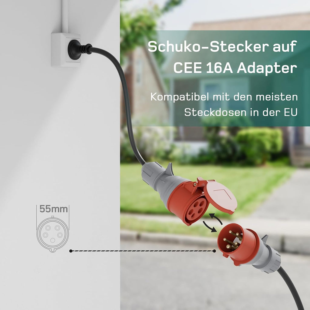 dé Mobile Wallbox 11 kW with App [7 m | 3-Phase | 6-16 A] | Charging cable e car CEE-16A 400V to type 2 with adjustable charging power, EV charger for BEV/PHEV