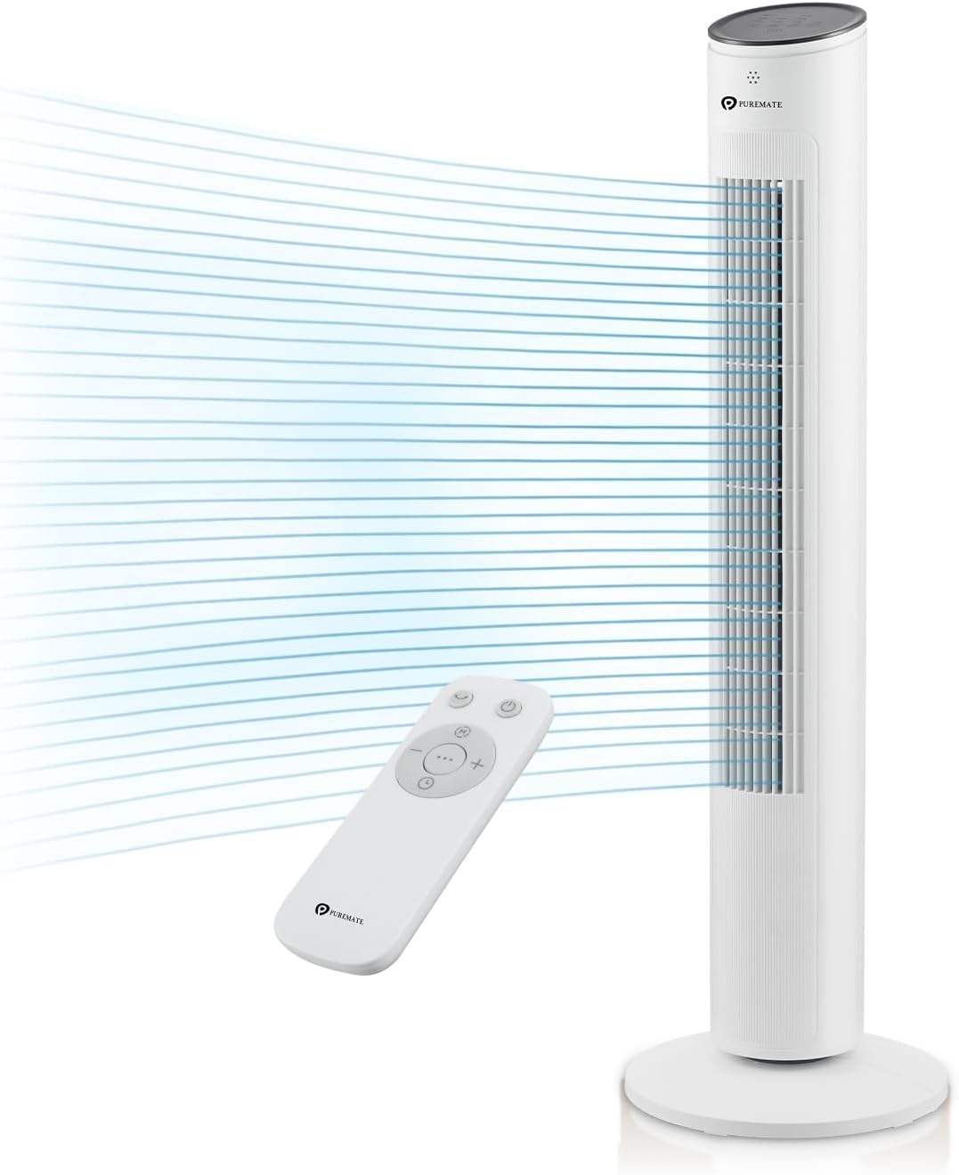 PureMate 43-inch Tower Fan with Remote control, Oscillating Silent Bladeless Floor Fan, 3 Speeds, 7-Hour Timer, Powerful 40W Electric Standing Fan, Portable Quiet & Ideal for Bedroom, White