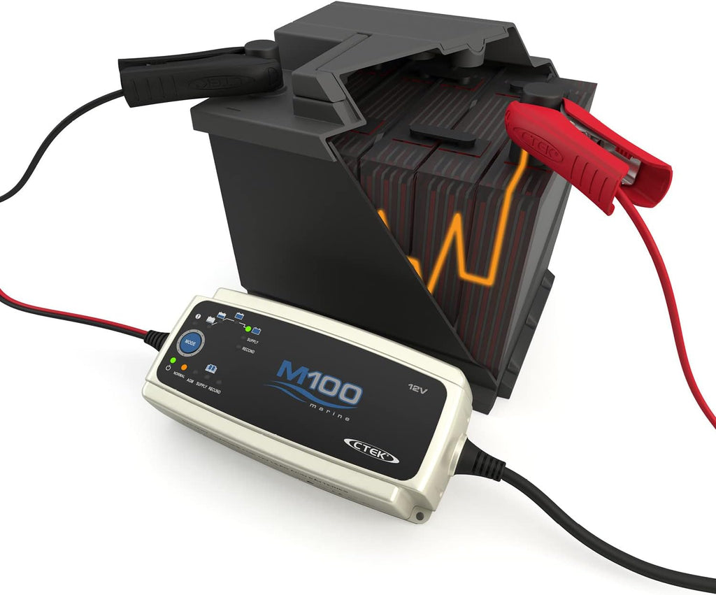 CTEK M100 Komplettbatterieladesystem für Wasserfahrzeuge 12V 7A, Ladegerät für Boote, Intelligentes Batterieladegerät Und Batteriepfleger Mit Rekonditionierungsmodus Und AGM-Option