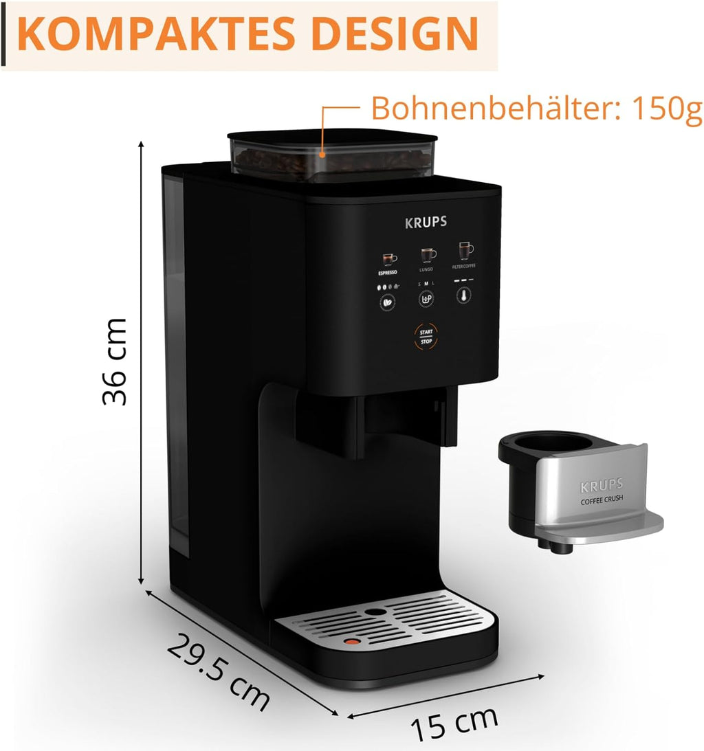 KRUPS Coffee Crush Extra Kaffeevollautomat, nur 15 cm breit, Schwarz