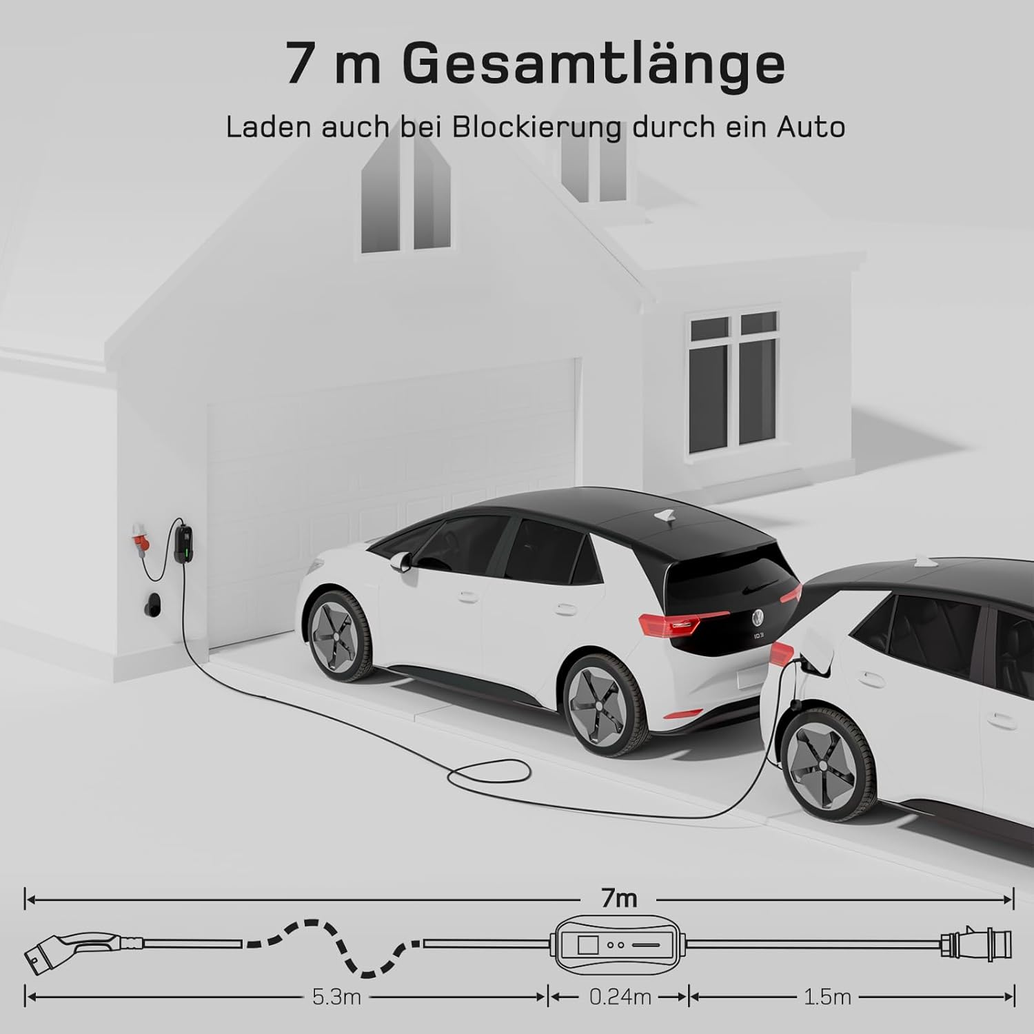 dé Mobile Wallbox 11 kW [3-Phase, 7 m, 6-16 A] with Adjustable Charging Power | Charging cable for car CEE 16A 400V to type 2 charging cable, RCD type A 30mA AC + 6mA DC, IP66, EV charger for BEV/PHEV