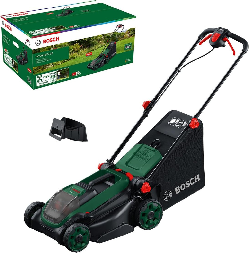 Bosch Akku-Rasenmäher ROTAK18V2-38 (Schnittbreite: 38 cm, Schnitthöhe: 30-75 mm, 40 l Stoff-Grasfangkorb, Mulchstopfen, ohne Akku)