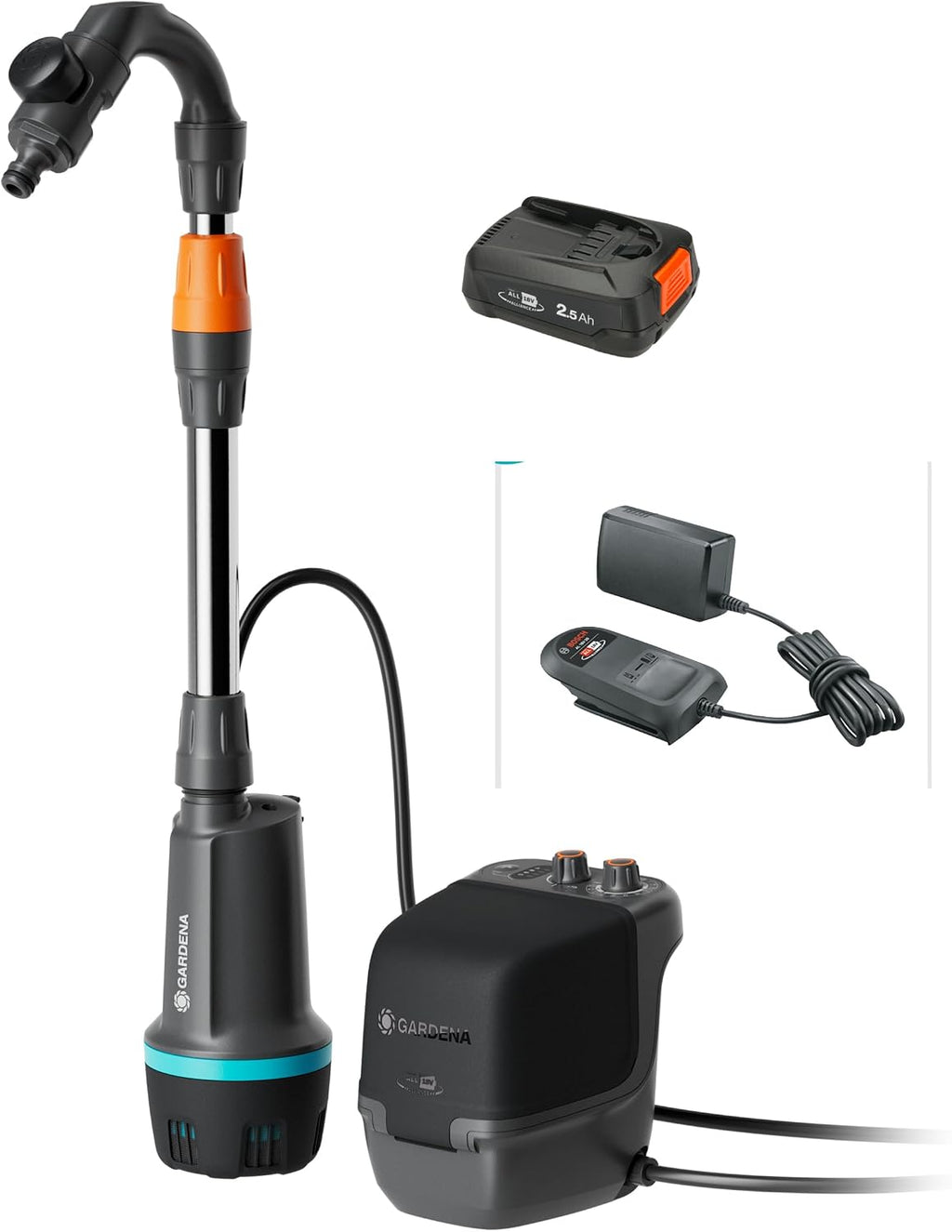 Gardena Akku-Regenfasspumpe 2600 Comfort 18V P4A Ready-To-Use Set: Bewässerungsintervalle, Leistungseinstellung, Passt zum Wasserbehälter, Konstanter Druck, Kabellos (14604-20)