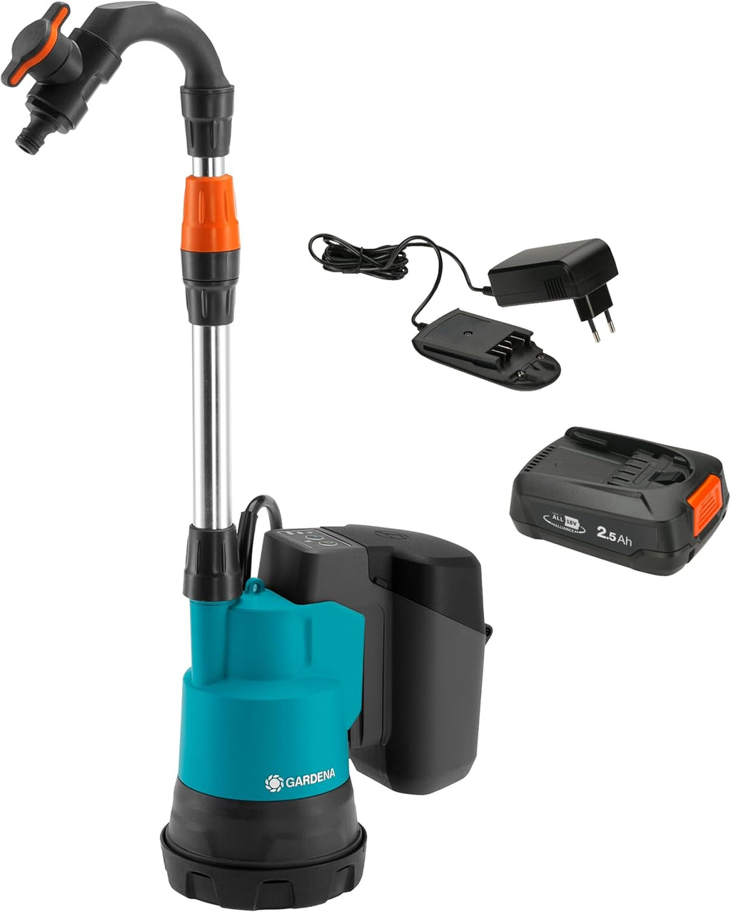 Gardena Akku-Regenfasspumpe 2000/2 18V P4A Ready-To-Use Set: Hohe Fördermenge und Druck, Verstellbare Leistungsstufen, Trockenlaufsicherung, Teleskoprohr, Kabellos (14602-20)