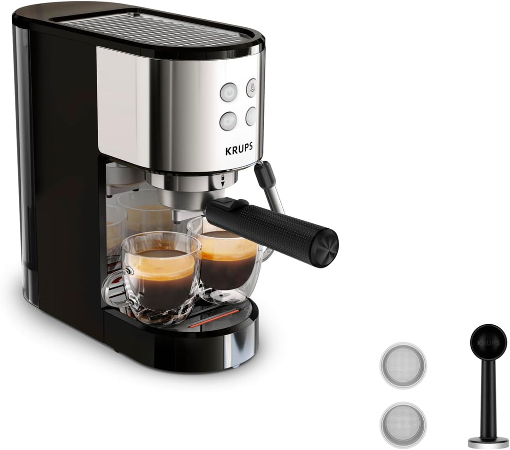 Krups Virtuoso Essential Espresso-Siebträgermaschine, 15 bar, Edelstahl-Applikationen, schlankes Design, Bedienfeld mit 4 Funktionen, inkl. Barista-Zubehör, Edelstahl, XP441810