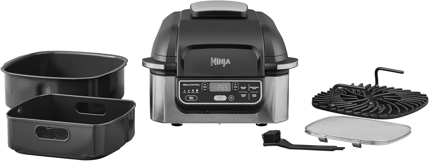 Ninja Foodi Grill & Airfryer, 5,7L Heißluftfritteuse, Air Fryer, spülmaschinenfeste Teile, 5-in-1, Schwarz/Silber AG301EU