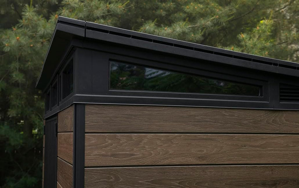 Keter Signature Gartenhaus 9x7 Gerätehaus 279x218x226 cm Kunststoff Walnuss mit Pultdach und Bodenplatte wetterfest UV-beständig
