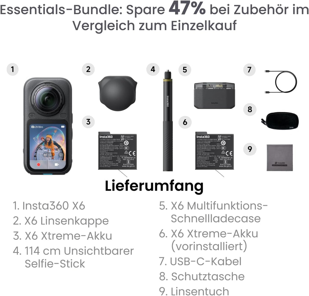 Insta360 X6 Essentials Bundle - 8K 360 Degree Camera with 1/1.1" Sensors