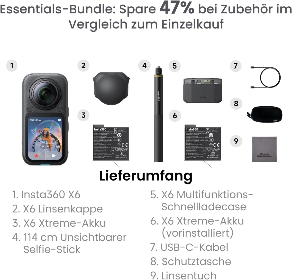 Insta360 X6 Essentials Bundle - 8K 360 Degree Camera with 1/1.1" Sensors