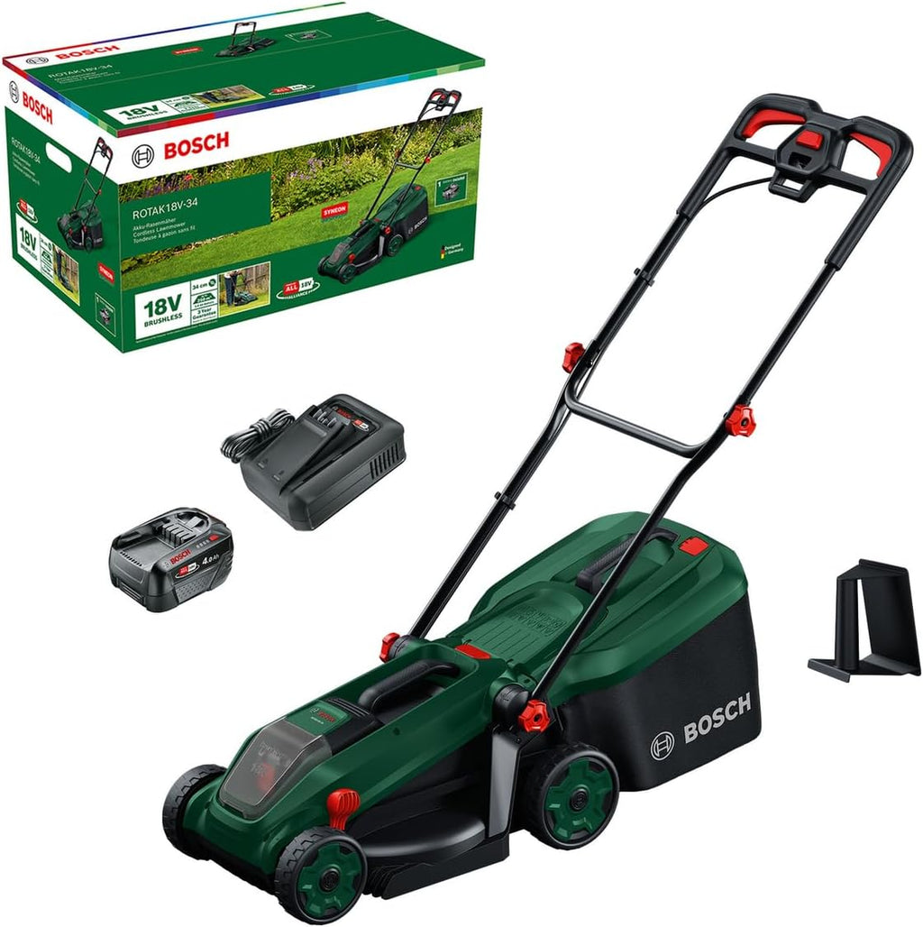 Bosch Akku-Rasenmäher ROTAK18V-34 (Schnittbreite: 34 cm, Schnitthöhe: 25-65 mm, 35 l Stoff-Grasfangkorb, Mulchstopfen, inkl. Akku und Ladegerät)