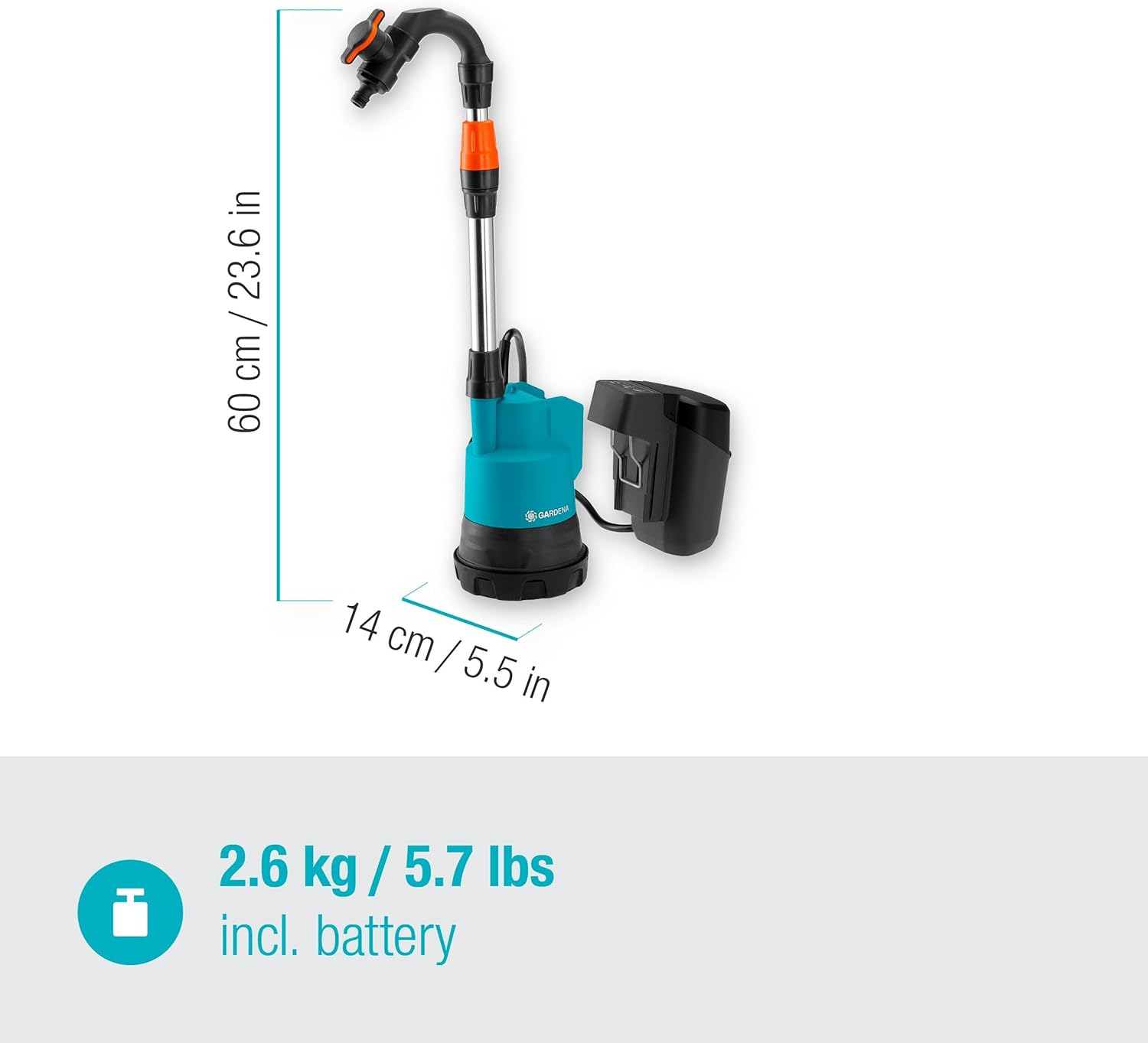 Gardena Akku-Regenfasspumpe 2000/2 18V P4A Ready-To-Use Set: Hohe Fördermenge und Druck, Verstellbare Leistungsstufen, Trockenlaufsicherung, Teleskoprohr, Kabellos (14602-20)