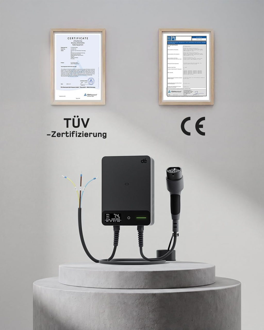 dé Wallbox 7kW APP [6-32A, 1-Phase] Elektrofahrzeug-Ladestation mit 7,5m Typ 2 Ladekabel, RFID und Steckerhalterung, Ladestation mit RCD Typ-B & IP54 Schutz für E-208 & andere BEV/PHEV