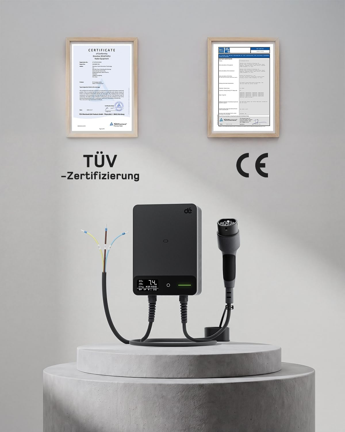 dé Wallbox 7kW APP [6-32A, 1-Phase] Elektrofahrzeug-Ladestation mit 7,5m Typ 2 Ladekabel, RFID und Steckerhalterung, Ladestation mit RCD Typ-B & IP54 Schutz für E-208 & andere BEV/PHEV