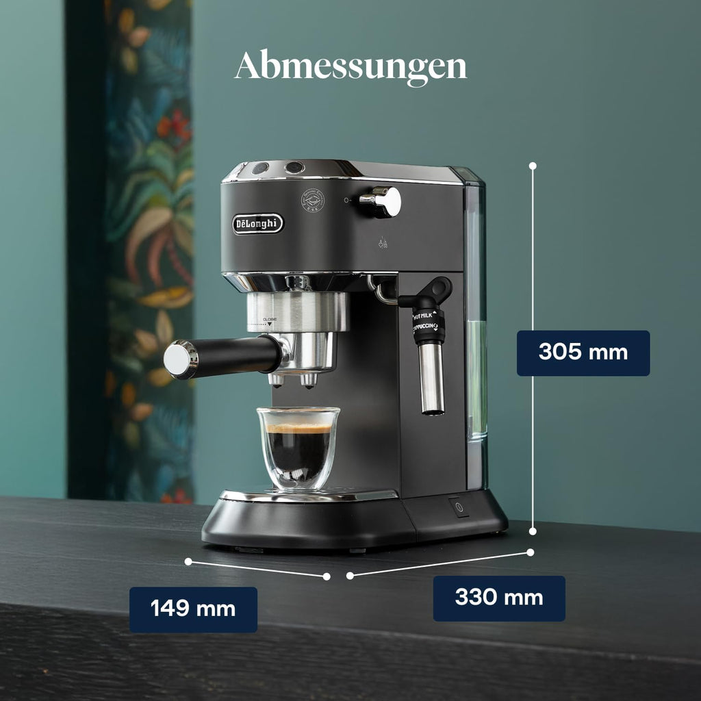 De'Longhi Dedica Style EC 685.BK Espresso Filter Holder Espresso Machine with Professional Milk Foam Nozzle 15 cm Wide 1 Litre Water Tank Full Metal Casing E.S.E Pads Black