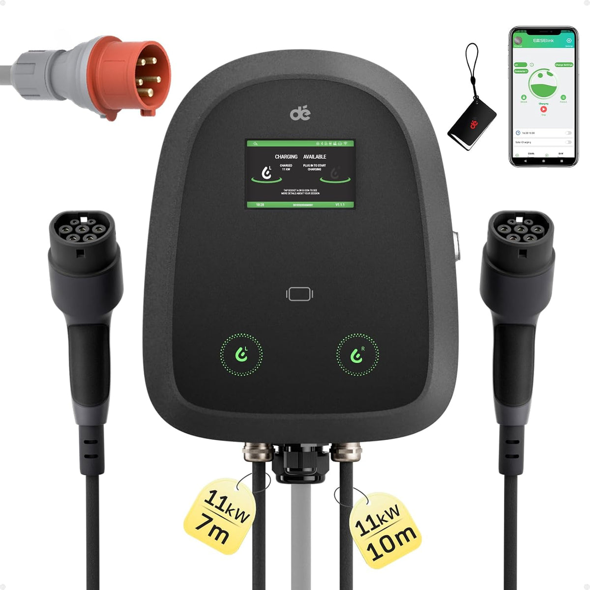 dé Duo Wallbox 2×11kW mit 7m+10m Ladekabel, 3-Phasen, 6-16A pro Anschluss