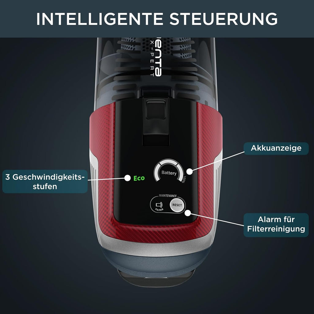 Rowenta X-Pert 6.60 Akku-Stielstaubsauger, Tier-Zubehör, LED-Display, Flex-Gelenk, 100W, herausnehmbarer Akku, alle Bodenarten, bis zu 45 Min. Laufzeit, Wandhalterung, Rot-Grau, RH6471