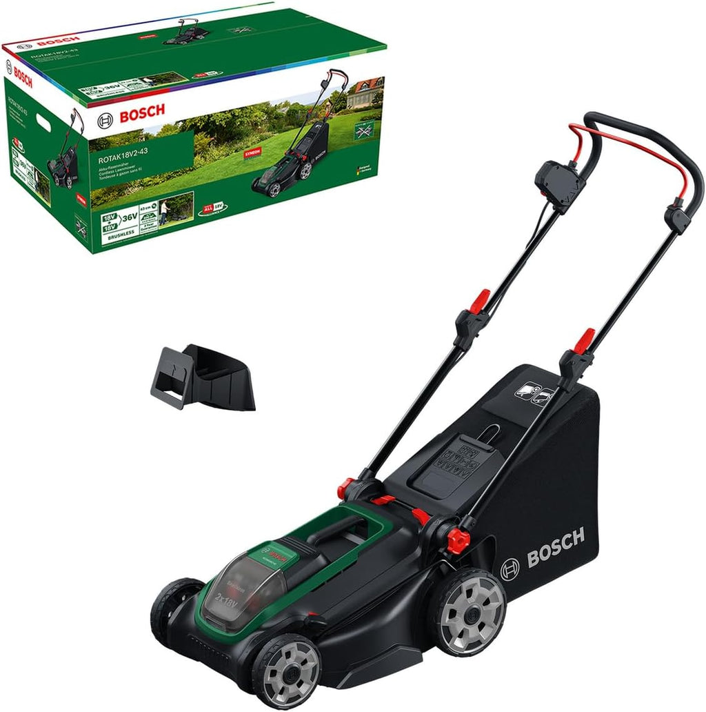 Bosch Akku-Rasenmäher ROTAK18V2-43 (Schnittbreite: 43 cm, Schnitthöhe: 30-75 mm, 50 l Stoff-Grasfangkorb, Mulchstopfen, ohne Akku)