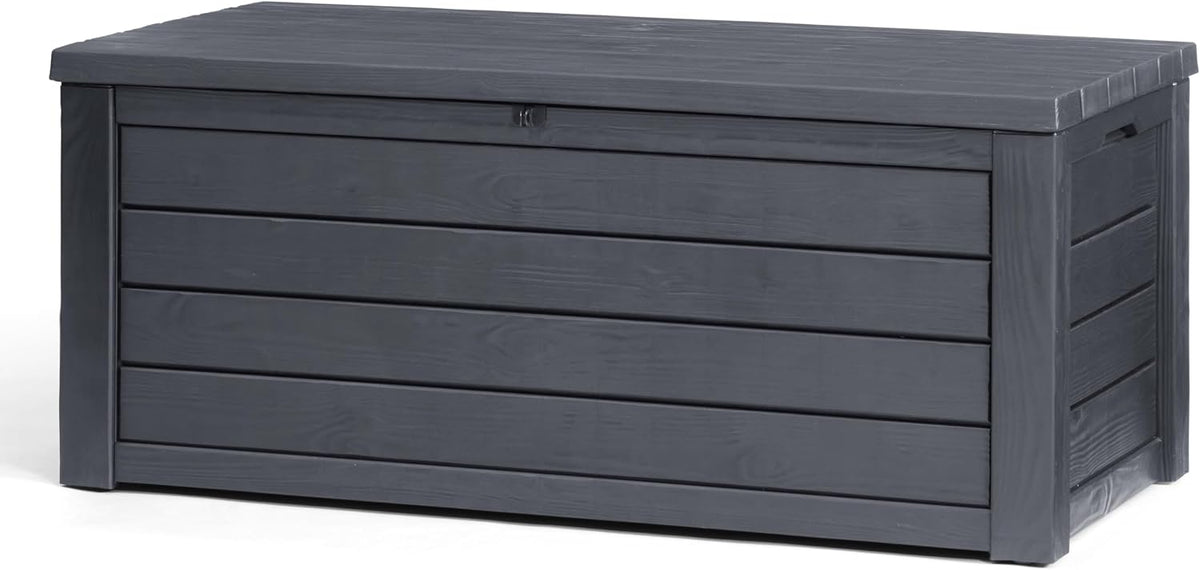 Keter Eastwood Auflagenbox mit 570 Liter Volumen, Wetterfest und Wasserdicht, Sitzgelegenheit, Anthrazit, 72,4 x 155 x 64,4 cm, Kissenbox, Gartenbox