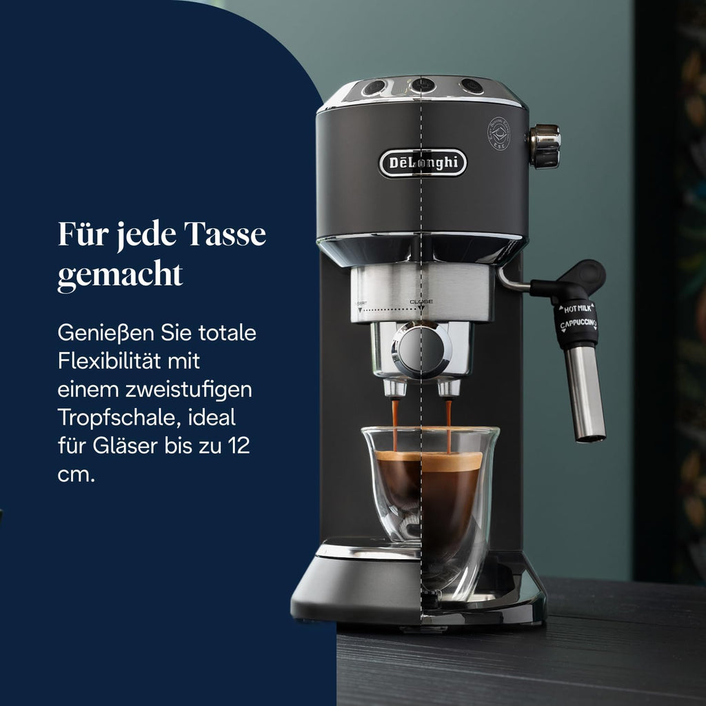 De'Longhi Dedica Style EC 685.BK Espresso Filter Holder Espresso Machine with Professional Milk Foam Nozzle 15 cm Wide 1 Litre Water Tank Full Metal Casing E.S.E Pads Black