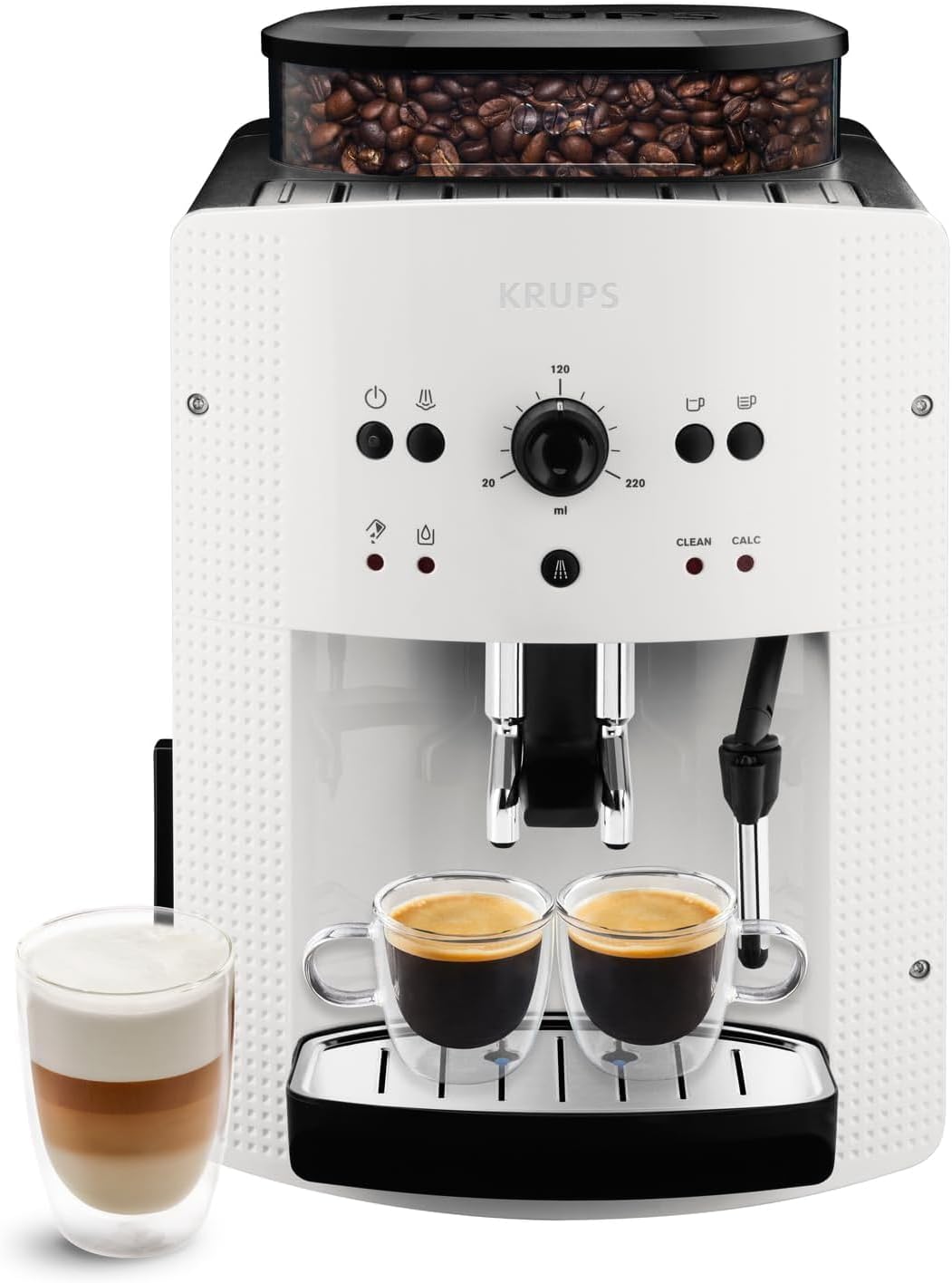 KRUPS Arabica Picto Kaffeevollautomat, kompaktes Design, einfache Bedienung, intuitiv einstellbarer Drehregler, Milchschaumdüse, 2-Tassen-Funktion, Kaffeemaschine, Weiß, EA810570