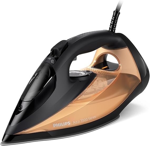 Philips Azur Serie 7000 Dampfbügeleisen DST7040/80 – 2800 W, 50 g/min Dauerdampf, 250 g Dampfstoß, SteamGlide Elite Bügelsohle, Vertikaldampf, Schwarz/Gold