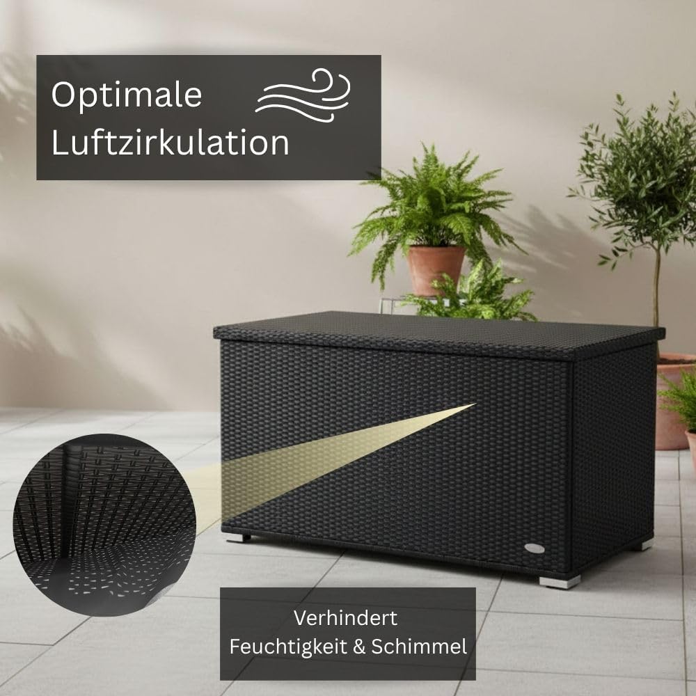 RS Trade Auflagenbox Wasserdicht XXL, 950l, Schwarz, Gartenbox, Aufbewahrungsbox Garten, Kissenbox Outdoor, Gartentruhe, Große Gartenkiste für Polster, Wetterfeste Garten-Aufbewahrung, Polyrattan