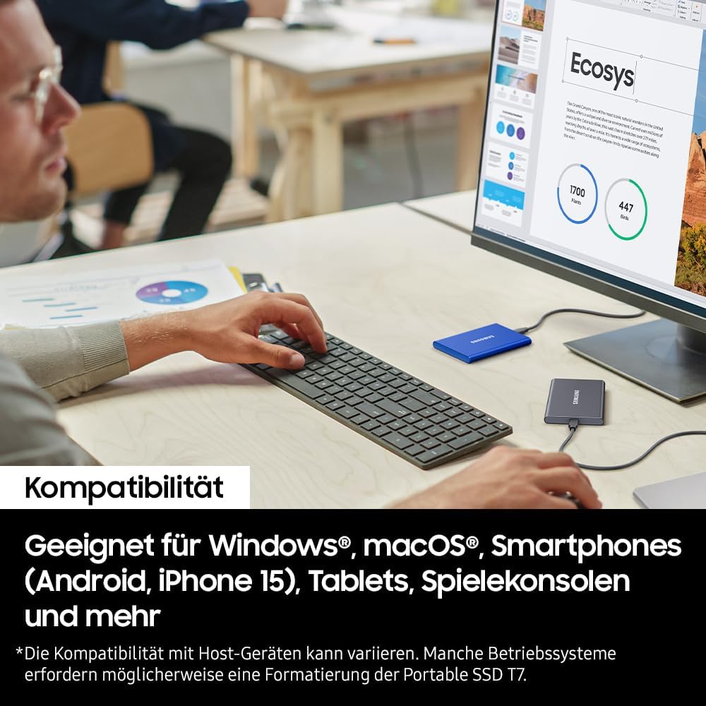 Samsung Portable SSD T7, SSD 1 TB, USB 3.2 Gen.2, 1.050 MB/s Lesen, 1.000 MB/s Schreiben, Externe SSD-Festplatte für iPhone 15 und neuer, Mac, PC, Smartphone und Spielkonsole, Grau, MU-PC1T0T/WW