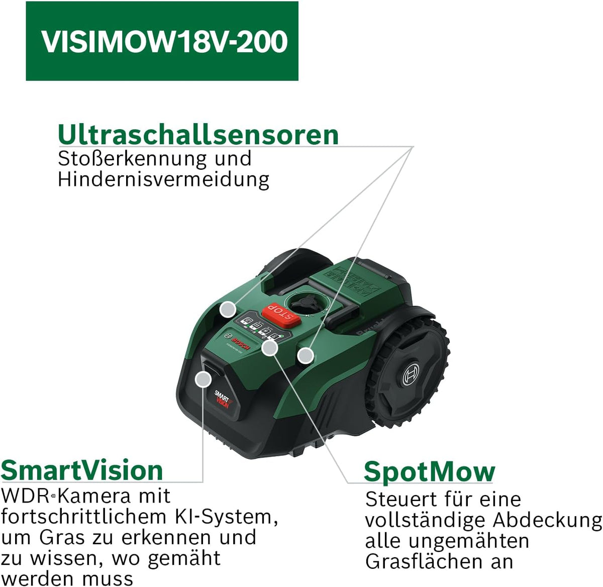 Bosch Akku-Mähroboter VISIMOW18V-200 (für Rasenflächen bis 200 m², Schnittbreite: 18 cm, Schnitthöhe: 20-60 mm, ohne Akku)