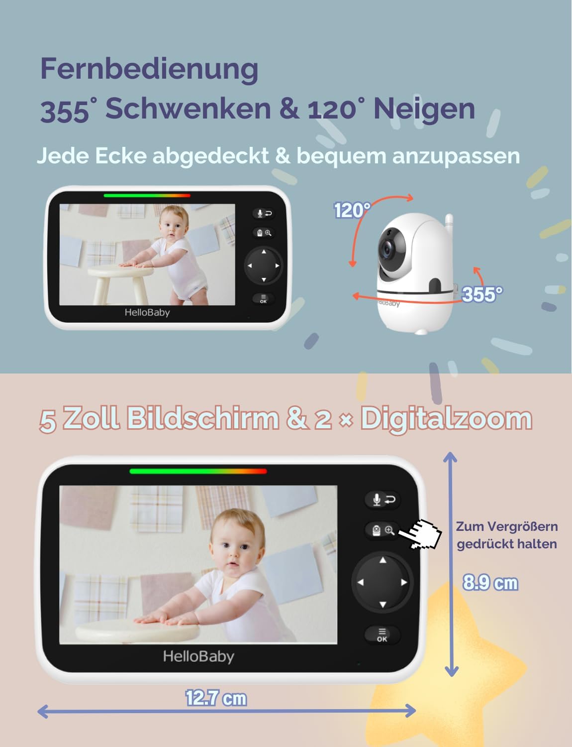 HelloBaby Baby Monitor with Camera, 30 Hours Battery with 5 Inch Screen, 355° Pan, 120° Tilt Zooming, Baby Monitor without WiFi, 2-Way Audio, Temperature, 8 Lullabies, Night Vision and 305 m Range