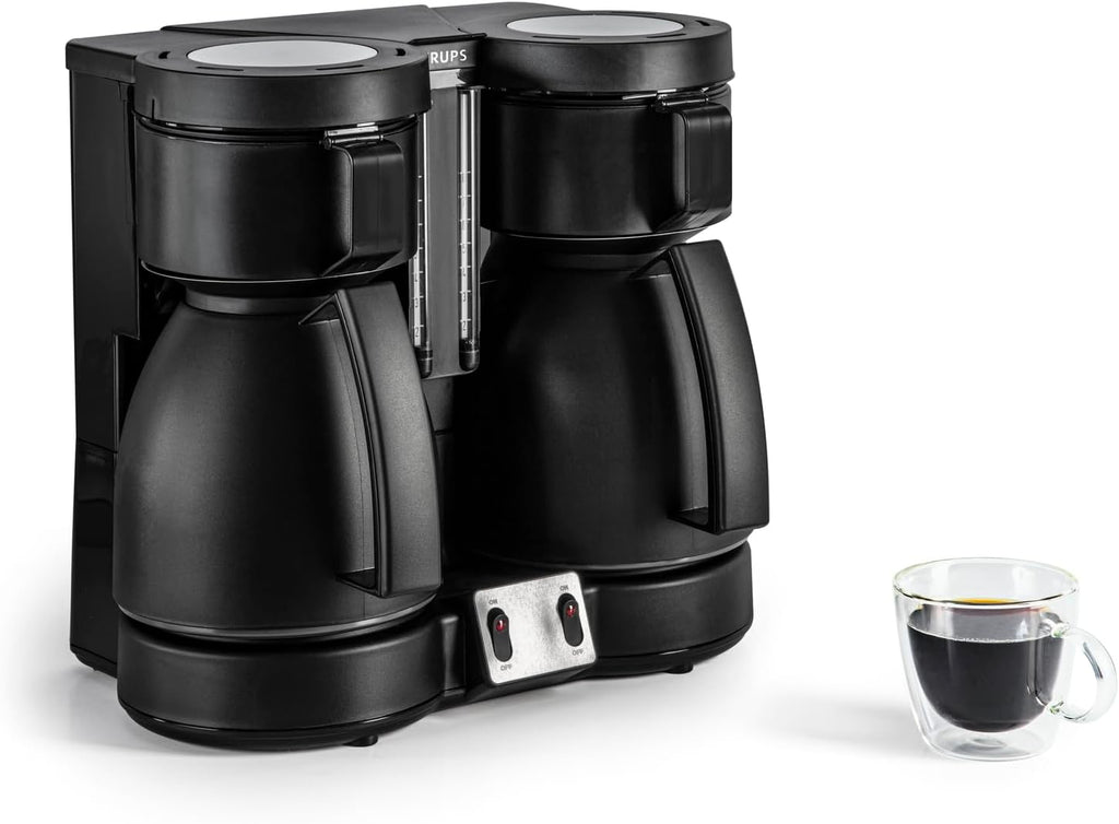 KRUPS Duothek Thermo Filterkaffeemaschine, zwei separate Isolierkannen und Brühvorgänge, sehr gute Isolierleistung, Ein-und-Aus-Schalter mit Kontrolleuchten, 2 x 8 Tassen, Schwarz, KT8501