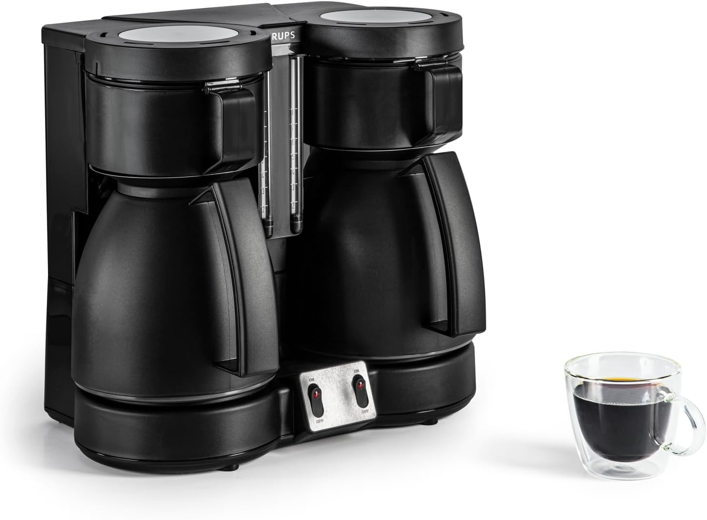 KRUPS Duothek Thermo Filterkaffeemaschine, zwei separate Isolierkannen und Brühvorgänge, sehr gute Isolierleistung, Ein-und-Aus-Schalter mit Kontrolleuchten, 2 x 8 Tassen, Schwarz, KT8501