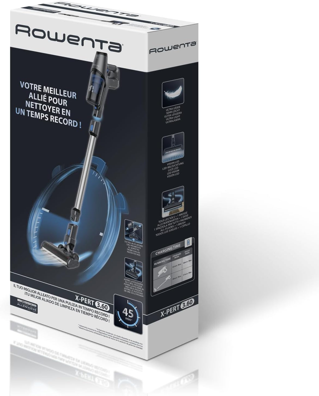 Rowenta X-Pert 3.60 kabelloser Akku-Stabstaubsauger, 45 Minuten Laufzeit, Lithium-Ionen-Akku, einfacher Zugang vom Boden bis zur Decke, Hochleistungs-Saugkopf mit LED-Licht, grau-blau, RH6921