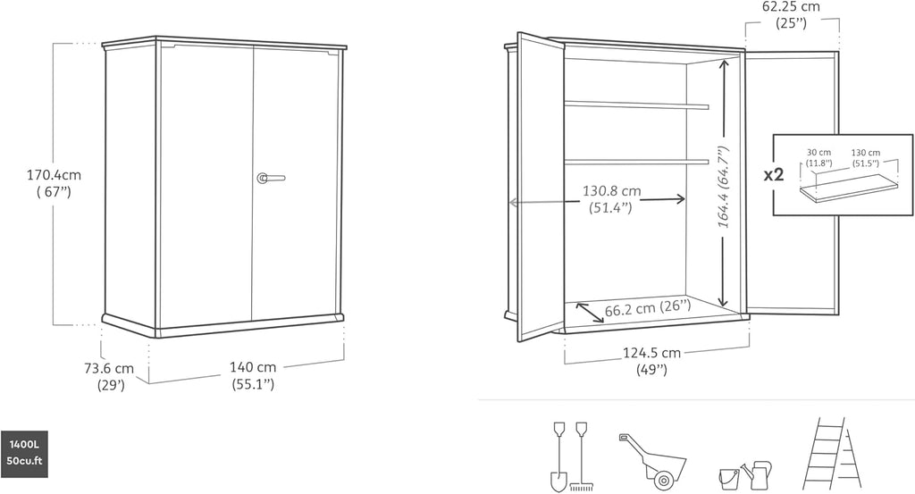 Keter High Store Plus Aufbewahrungsbox, 1400l Fassungsvermögen, Außenmaße B/T/H 140x73,6x170,4cm, Duotech Material, anstreichbar, wasserdicht, wetterfest und pflegeleicht
