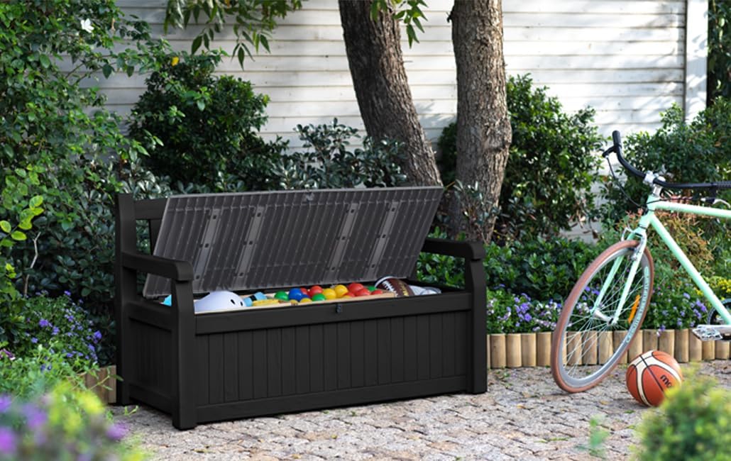 Keter Sitzbank Eden für Balkon und Garten, Gartenbank mit integrierter Kissenbox mit 265 l Stauraum, 140x60x84cm, wetterfest, pflegeleicht, grau, Outdoor, Holzoptik