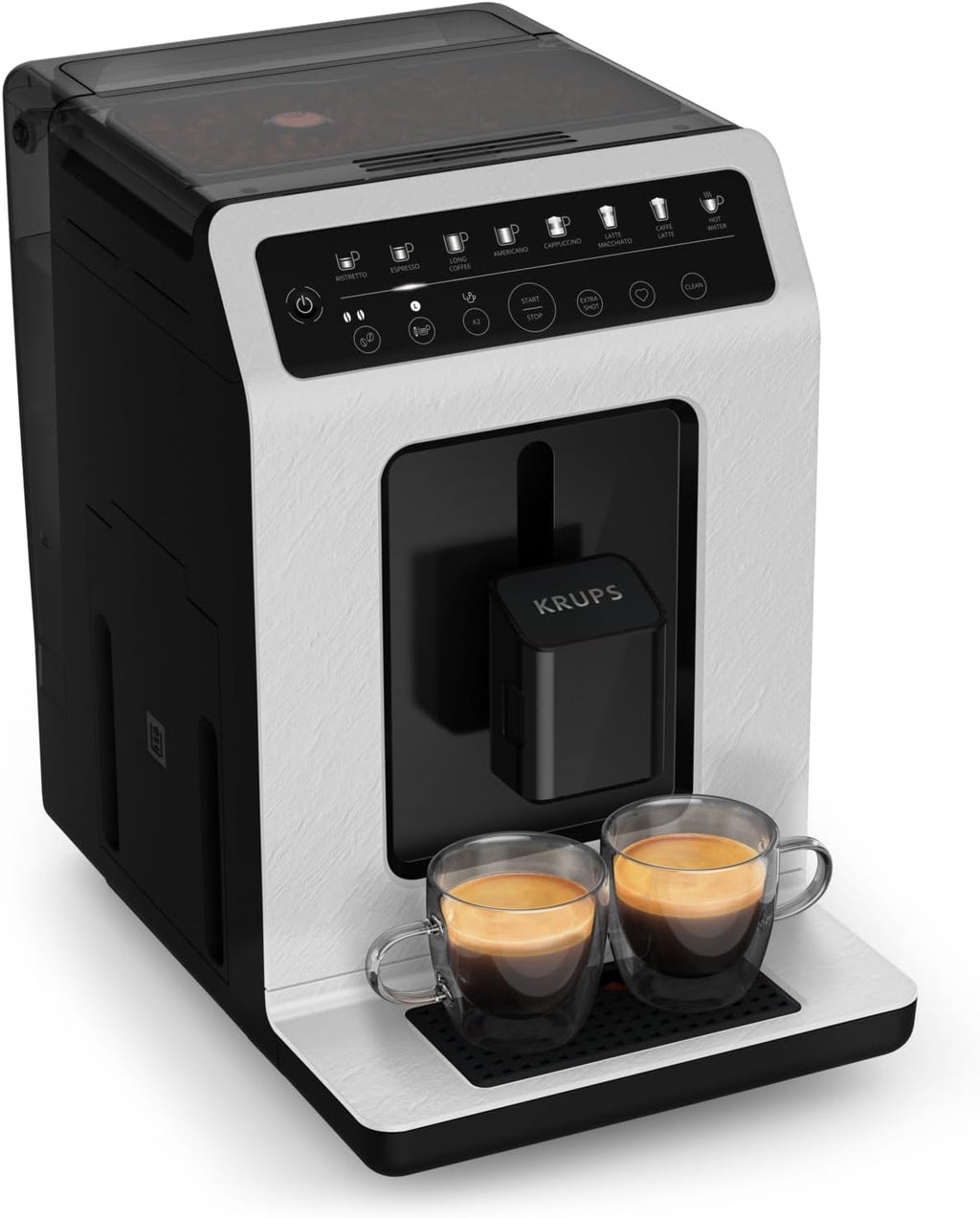 KRUPS Evidence ECOdesign Kaffeevollautomat mit Milchschlauch, 7 Getränkeoptionen, 2-Tassen-Funktion, Recyceltes Material, Kaffeemaschinemit Bedienfeld, Weiß/Schiefer, EA897A10