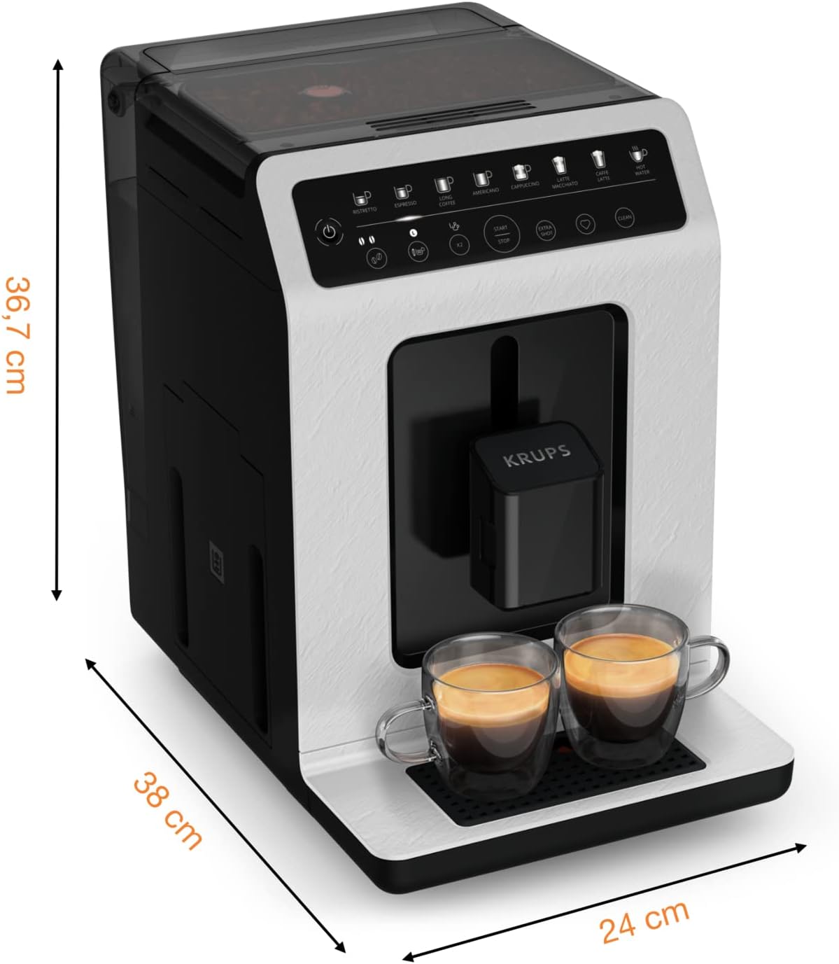 KRUPS Evidence ECOdesign Kaffeevollautomat mit Milchschlauch, 7 Getränkeoptionen, 2-Tassen-Funktion, Recyceltes Material, Kaffeemaschinemit Bedienfeld, Weiß/Schiefer, EA897A10