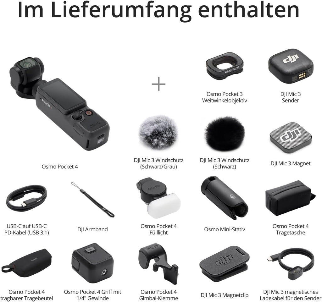 DJI Osmo Pocket 4 Creative Combo Pocket Gimbal Vlog Camera | 1 inch CMOS and 4K/240fps, 2 x lossless zoom, 107 GB built-in memory, mic 3 transmitter, fill light, Osmo mini tripod